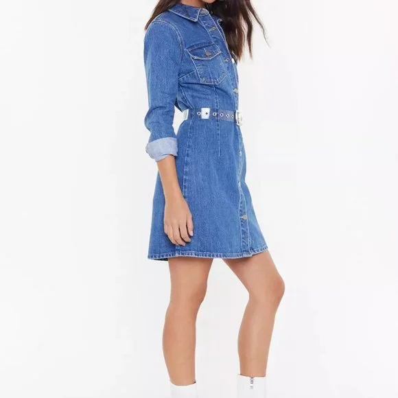 Nasty Gal Button Front Long Sleeve Denim Dress UK 10 US 6 Small Blue Western - Picture 8 of 8